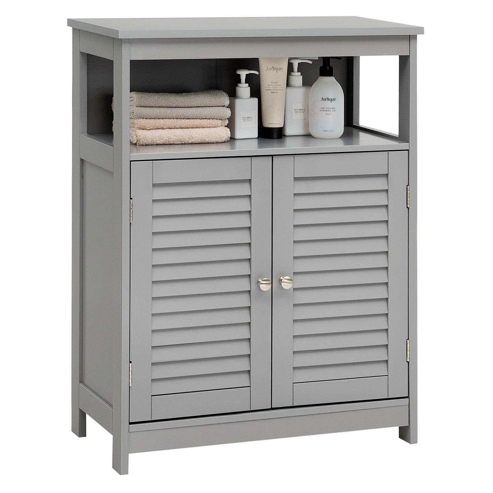 Tangkula Meuble de rangement de salle de bain en bois, sur pied avec double porte persienne et étagère réglable